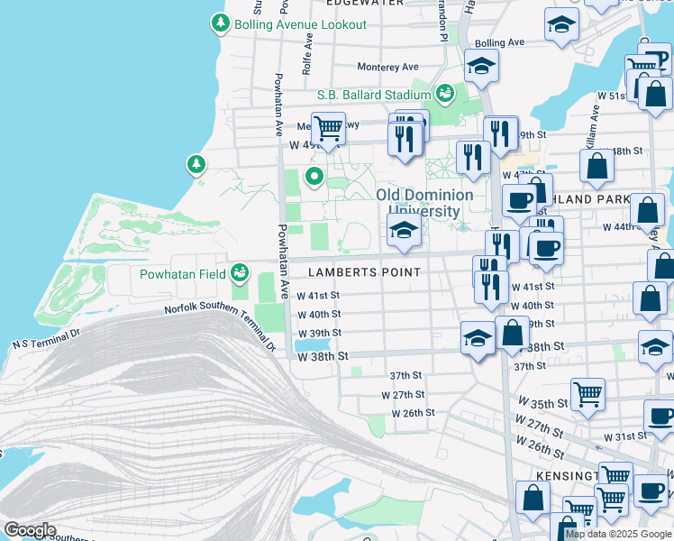map of restaurants, bars, coffee shops, grocery stores, and more near 1454 West 42nd Street in Norfolk