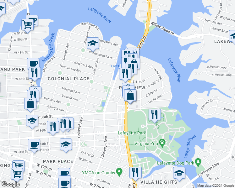 map of restaurants, bars, coffee shops, grocery stores, and more near 210 Pennsylvania Avenue in Norfolk