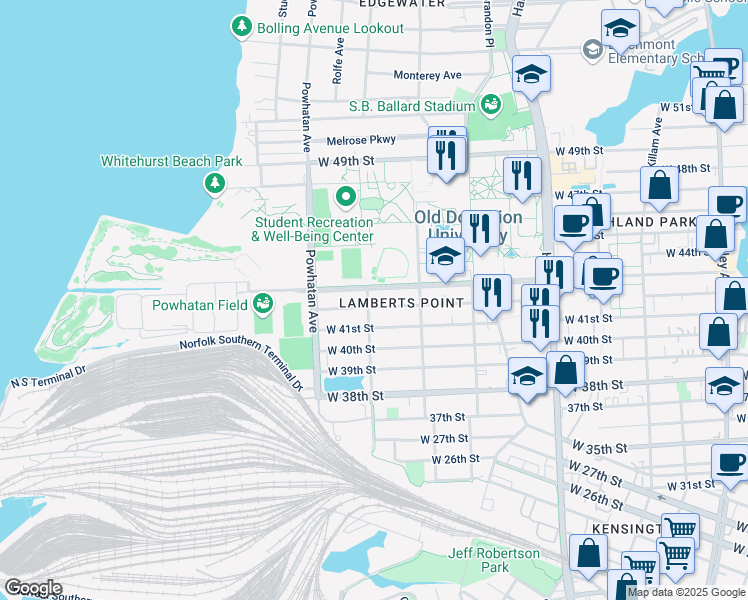 map of restaurants, bars, coffee shops, grocery stores, and more near 1442 West 42nd Street in Norfolk