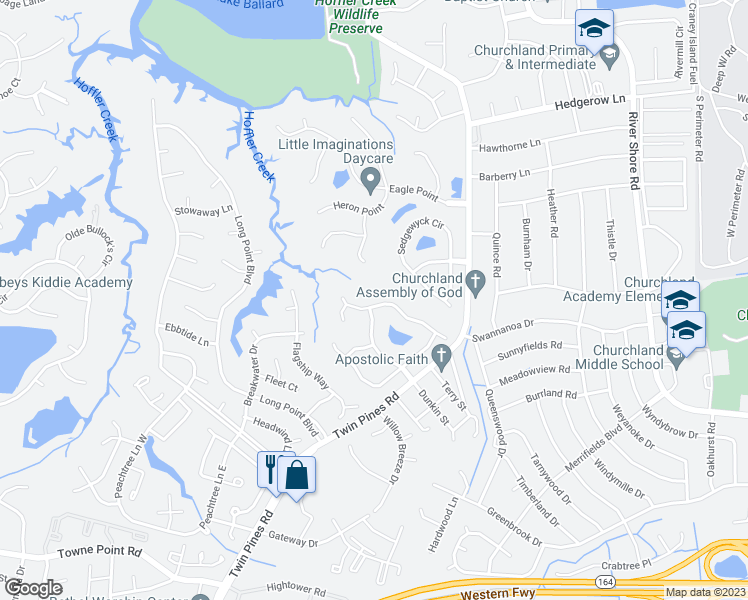 map of restaurants, bars, coffee shops, grocery stores, and more near 5954 Knightsbridge Way in Portsmouth