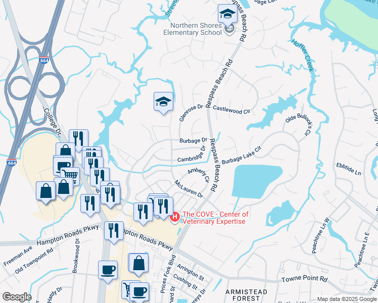 map of restaurants, bars, coffee shops, grocery stores, and more near 6220 Oakglen Dr in Suffolk
