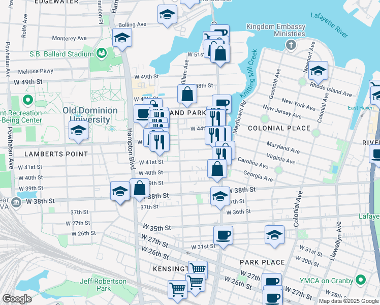 map of restaurants, bars, coffee shops, grocery stores, and more near 857 West 42nd Street in Norfolk