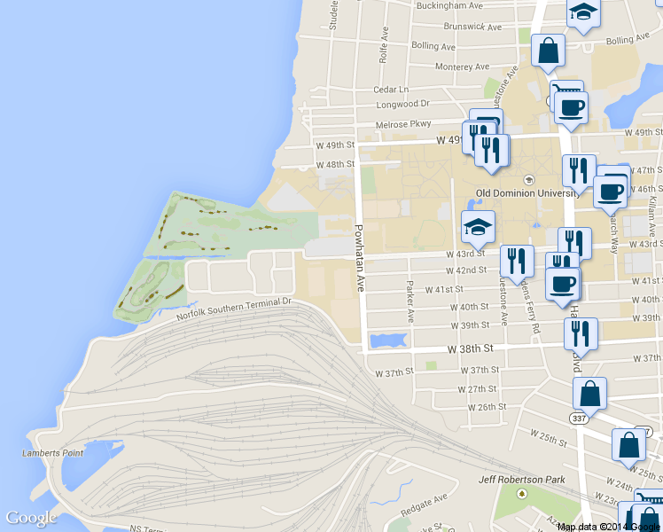 map of restaurants, bars, coffee shops, grocery stores, and more near 4251 Powhatan Avenue in Norfolk