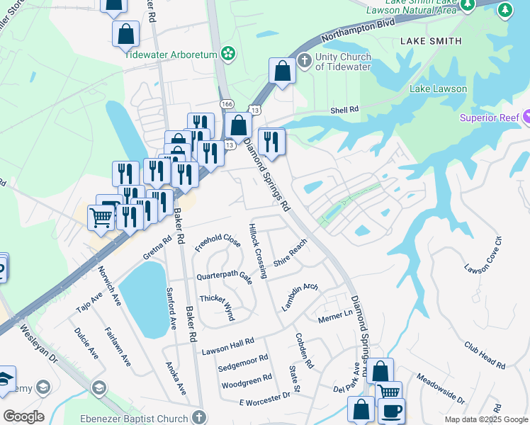 map of restaurants, bars, coffee shops, grocery stores, and more near 1174 Hillock Crossing in Virginia Beach
