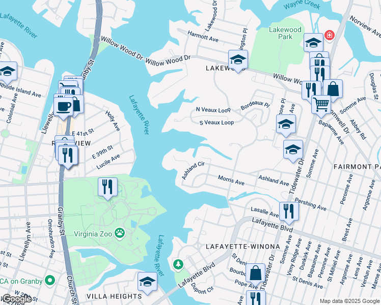 map of restaurants, bars, coffee shops, grocery stores, and more near 1340 Baecher Road in Norfolk