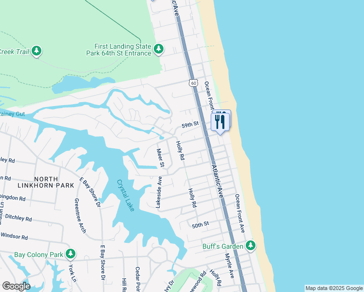 map of restaurants, bars, coffee shops, grocery stores, and more near 5512 Holly Road in Virginia Beach
