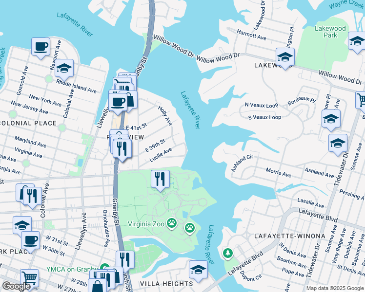 map of restaurants, bars, coffee shops, grocery stores, and more near 252 Ethel Avenue in Norfolk