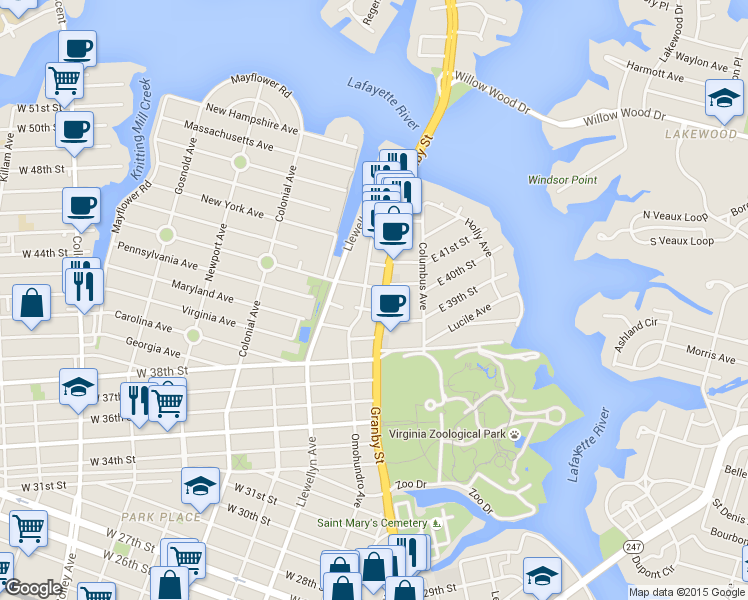 map of restaurants, bars, coffee shops, grocery stores, and more near 3920 Omohundro Avenue in Norfolk