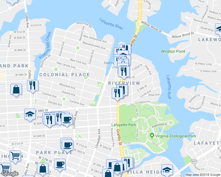 map of restaurants, bars, coffee shops, grocery stores, and more near 3920 Omohundro Avenue in Norfolk