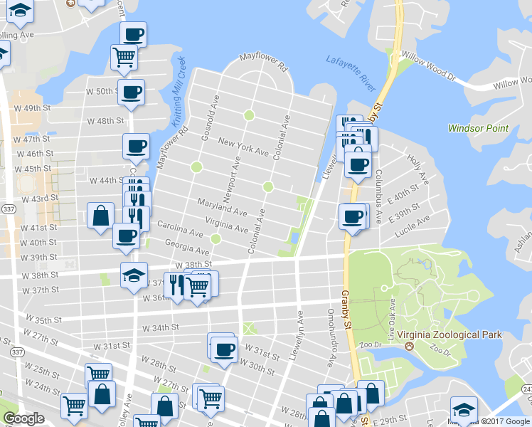 map of restaurants, bars, coffee shops, grocery stores, and more near 444 Virginia Avenue in Norfolk