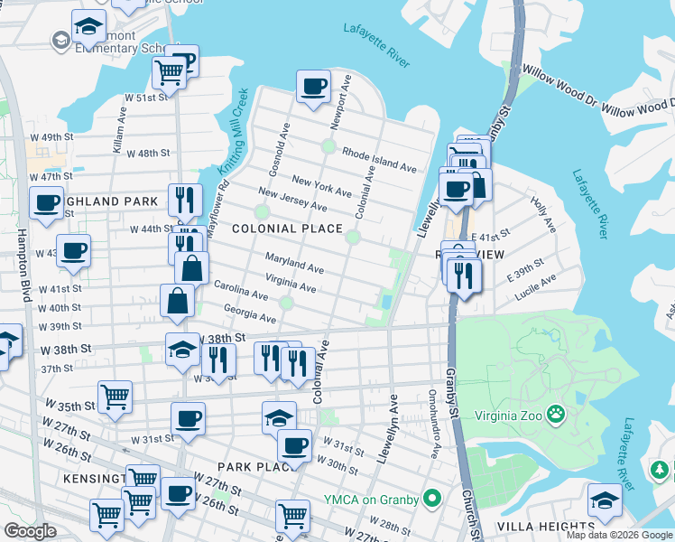 map of restaurants, bars, coffee shops, grocery stores, and more near 444 Virginia Avenue in Norfolk