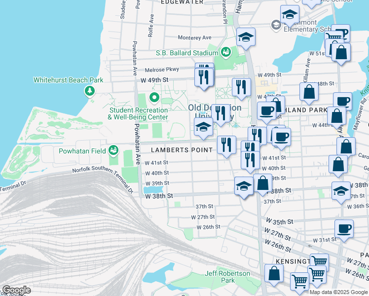 map of restaurants, bars, coffee shops, grocery stores, and more near in Norfolk