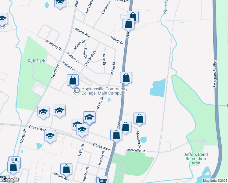 map of restaurants, bars, coffee shops, grocery stores, and more near 921 North Main Street in Hopkinsville