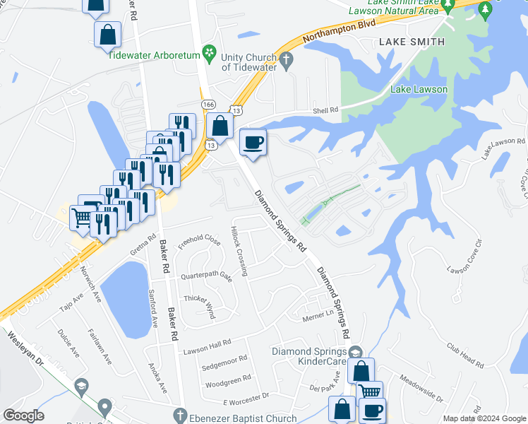 map of restaurants, bars, coffee shops, grocery stores, and more near 1148 Hillock Crossing in Virginia Beach