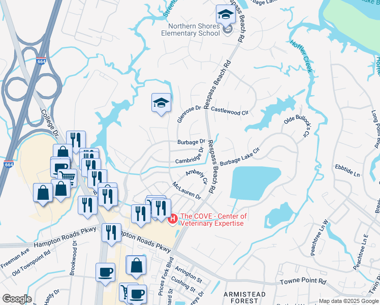 map of restaurants, bars, coffee shops, grocery stores, and more near 6224 Cambridge Drive in Suffolk