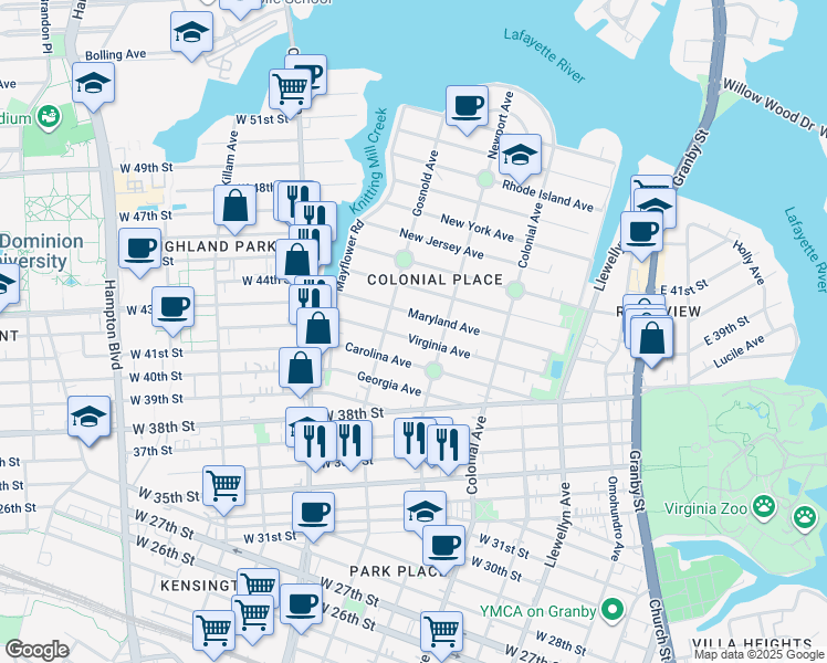 map of restaurants, bars, coffee shops, grocery stores, and more near 628 Virginia Avenue in Norfolk