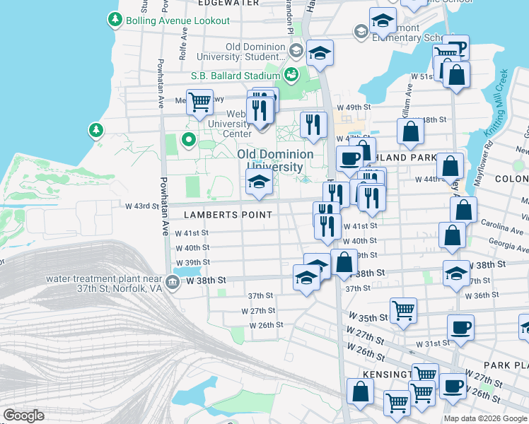 map of restaurants, bars, coffee shops, grocery stores, and more near 1326 West 42nd Street in Norfolk