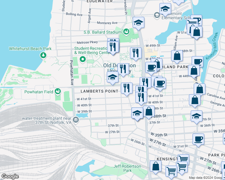 map of restaurants, bars, coffee shops, grocery stores, and more near 1336 West 42nd Street in Norfolk