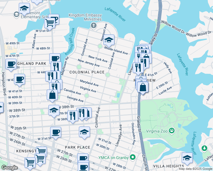 map of restaurants, bars, coffee shops, grocery stores, and more near 4306 Colonial Avenue in Norfolk