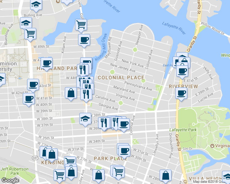 map of restaurants, bars, coffee shops, grocery stores, and more near 628 Virginia Avenue in Norfolk