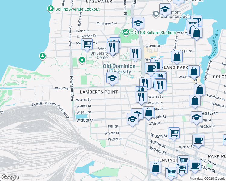 map of restaurants, bars, coffee shops, grocery stores, and more near 1334 West 42nd Street in Norfolk
