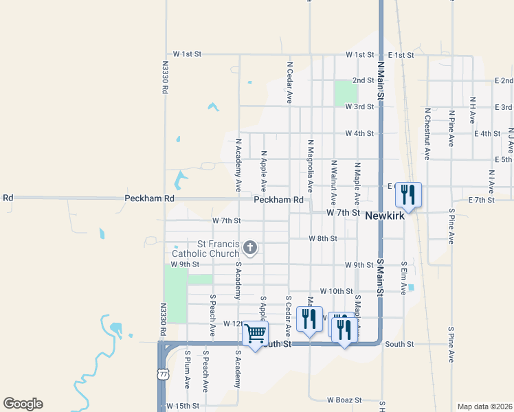 map of restaurants, bars, coffee shops, grocery stores, and more near 620 West 7th Street in Newkirk