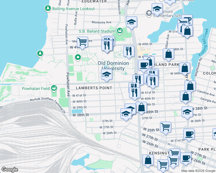 map of restaurants, bars, coffee shops, grocery stores, and more near 1330 West 42nd Street in Norfolk