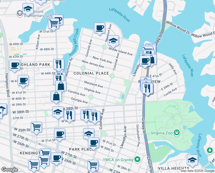 map of restaurants, bars, coffee shops, grocery stores, and more near 444 Virginia Avenue in Norfolk