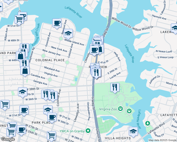 map of restaurants, bars, coffee shops, grocery stores, and more near 4008 Omohundro Avenue in Norfolk