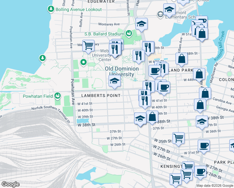 map of restaurants, bars, coffee shops, grocery stores, and more near 1322 West 42nd Street in Norfolk