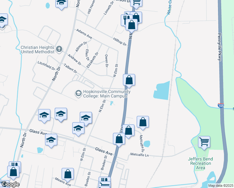 map of restaurants, bars, coffee shops, grocery stores, and more near 110 Talbert Drive in Hopkinsville
