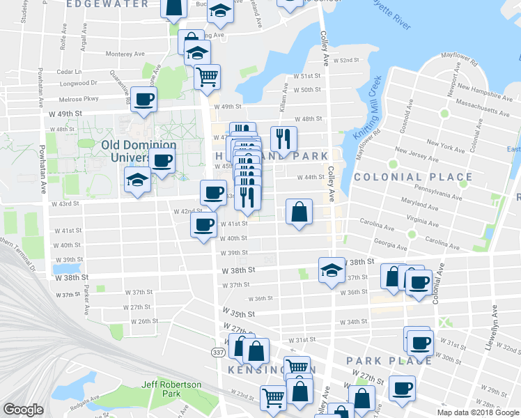 map of restaurants, bars, coffee shops, grocery stores, and more near 1015 West 43rd Street in Norfolk