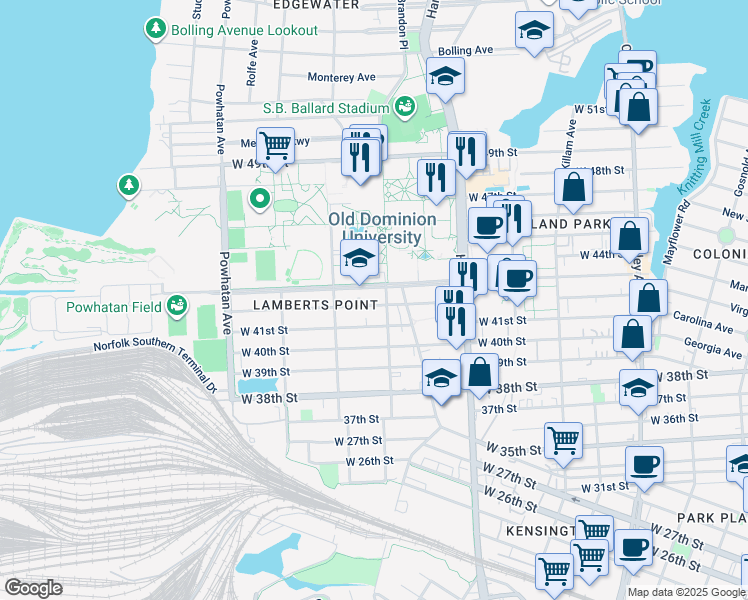 map of restaurants, bars, coffee shops, grocery stores, and more near in Norfolk