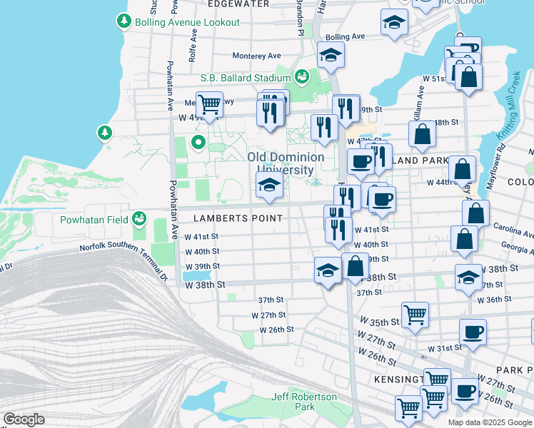 map of restaurants, bars, coffee shops, grocery stores, and more near 1340 West 42nd Street in Norfolk