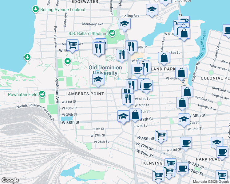 map of restaurants, bars, coffee shops, grocery stores, and more near 4200 Bowdens Ferry Road in Norfolk