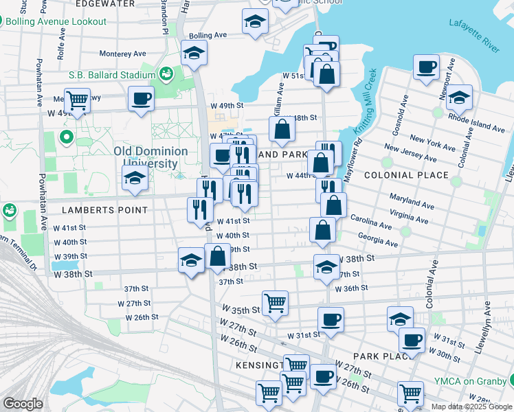 map of restaurants, bars, coffee shops, grocery stores, and more near 1015 West 43rd Street in Norfolk