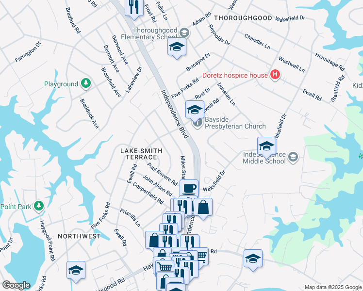 map of restaurants, bars, coffee shops, grocery stores, and more near 4644 Miles Standish Road in Virginia Beach