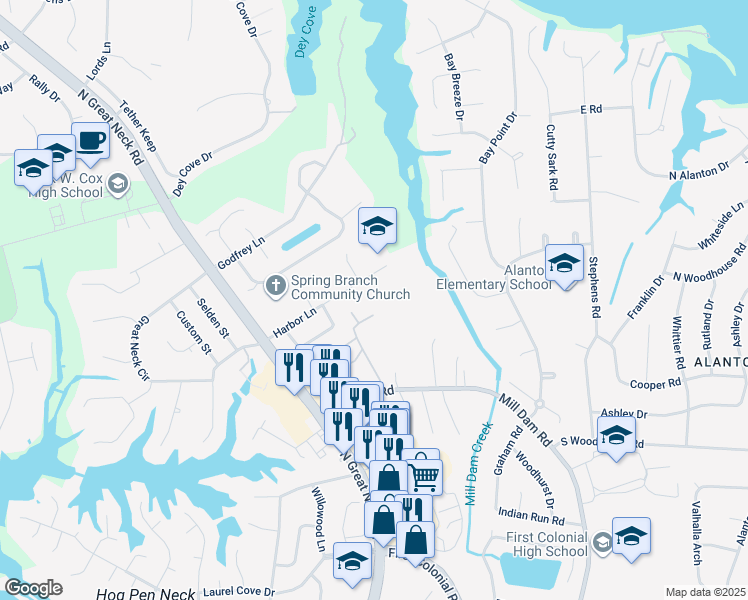 map of restaurants, bars, coffee shops, grocery stores, and more near 1489 Shoveller Avenue in Virginia Beach