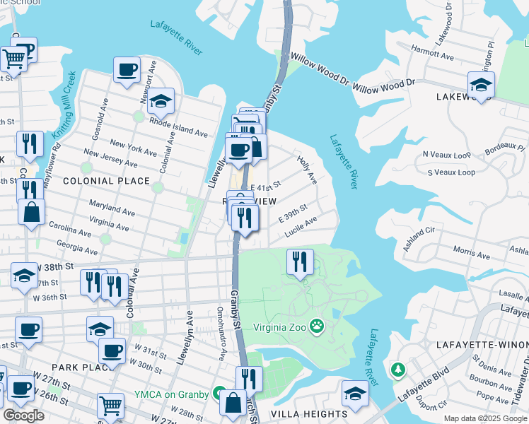 map of restaurants, bars, coffee shops, grocery stores, and more near in Norfolk