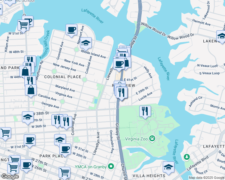 map of restaurants, bars, coffee shops, grocery stores, and more near 4008 Omohundro Avenue in Norfolk