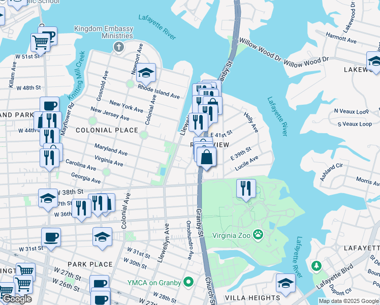 map of restaurants, bars, coffee shops, grocery stores, and more near 4008 Omohundro Avenue in Norfolk