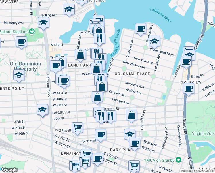 map of restaurants, bars, coffee shops, grocery stores, and more near 733 Maryland Avenue in Norfolk