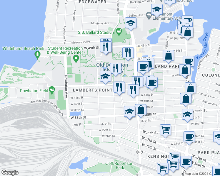 map of restaurants, bars, coffee shops, grocery stores, and more near in Norfolk