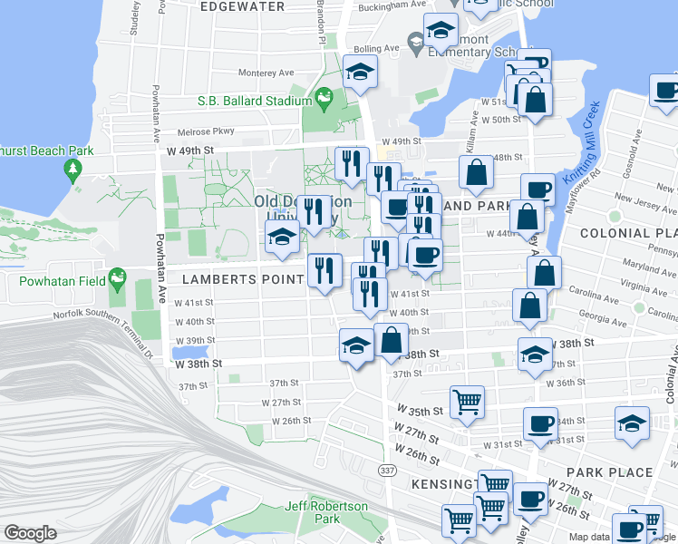 map of restaurants, bars, coffee shops, grocery stores, and more near 1244 West 42nd Street in Norfolk