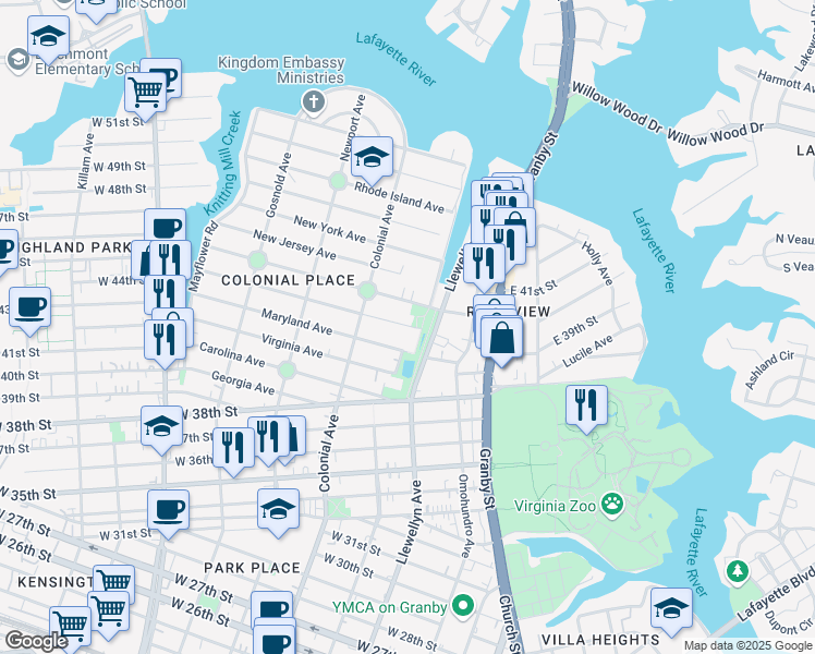 map of restaurants, bars, coffee shops, grocery stores, and more near 411 Pennsylvania Avenue in Norfolk