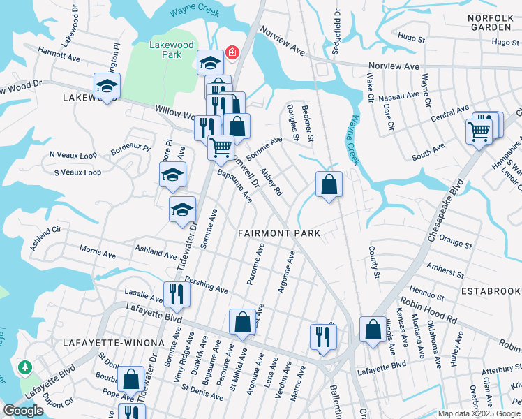 map of restaurants, bars, coffee shops, grocery stores, and more near 2206 Cromwell Drive in Norfolk