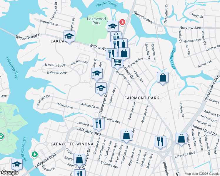 map of restaurants, bars, coffee shops, grocery stores, and more near 3424 Virginia 168 in Norfolk