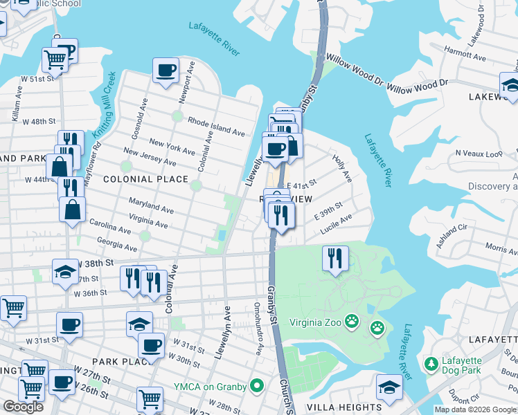 map of restaurants, bars, coffee shops, grocery stores, and more near 4008 Omohundro Avenue in Norfolk