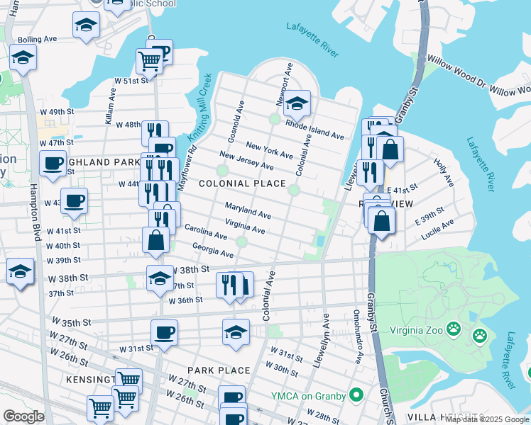 map of restaurants, bars, coffee shops, grocery stores, and more near 525 Pennsylvania Avenue in Norfolk