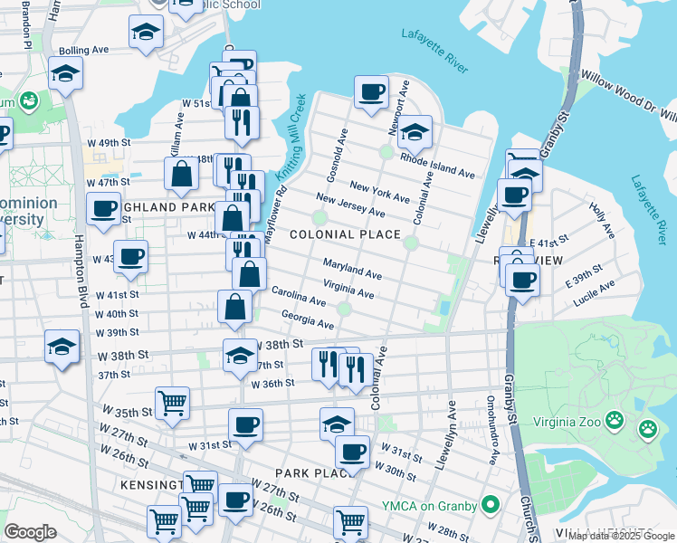 map of restaurants, bars, coffee shops, grocery stores, and more near 615 Maryland Avenue in Norfolk